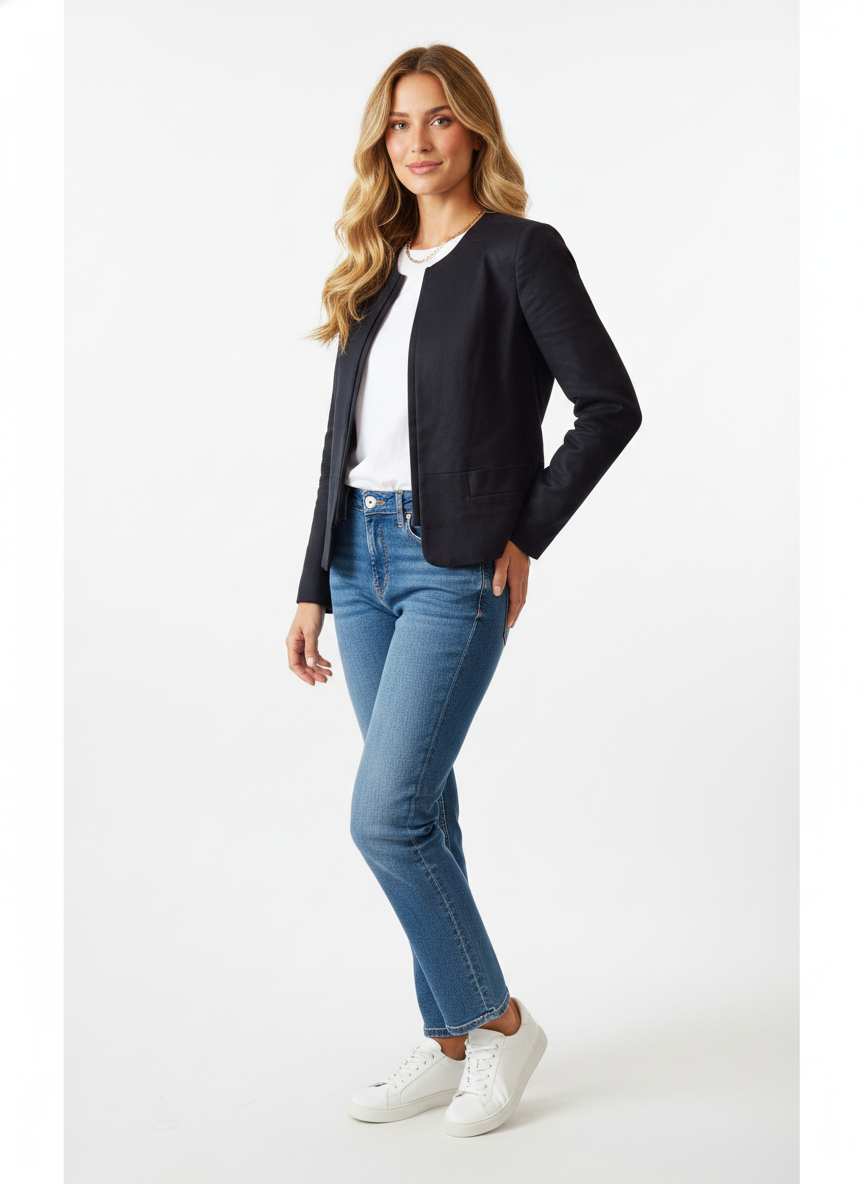 Model i mørk kraveløs blazer med stilren silhuet – threequarter tee jeans
