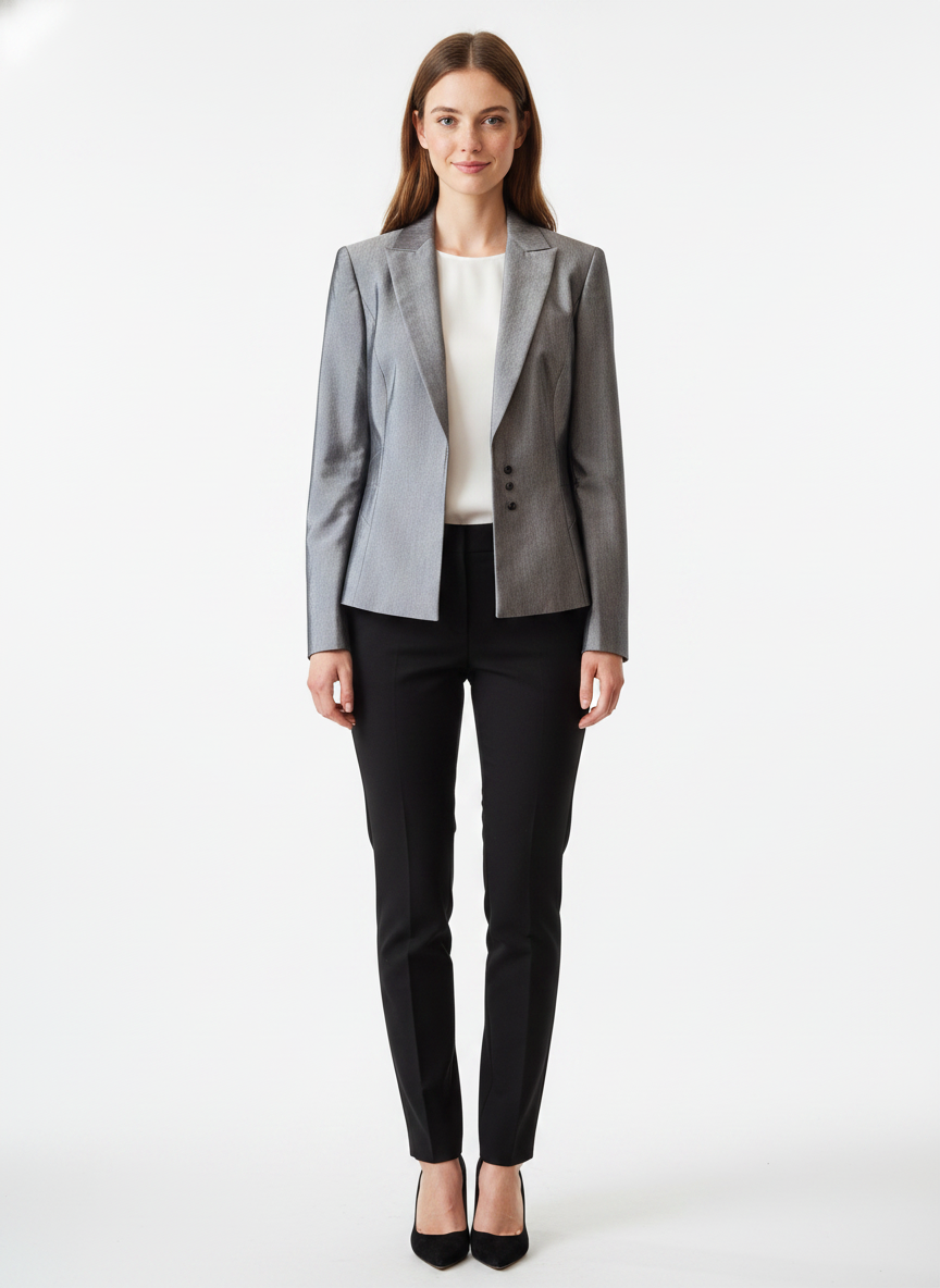 Model i lysegrå blazer med klassiske revers og knapdetalje – front blouse trousers