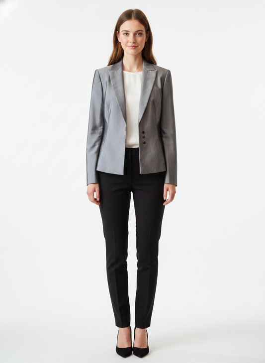 Model i lysegrå blazer med klassiske revers og knapdetalje – front blouse trousers