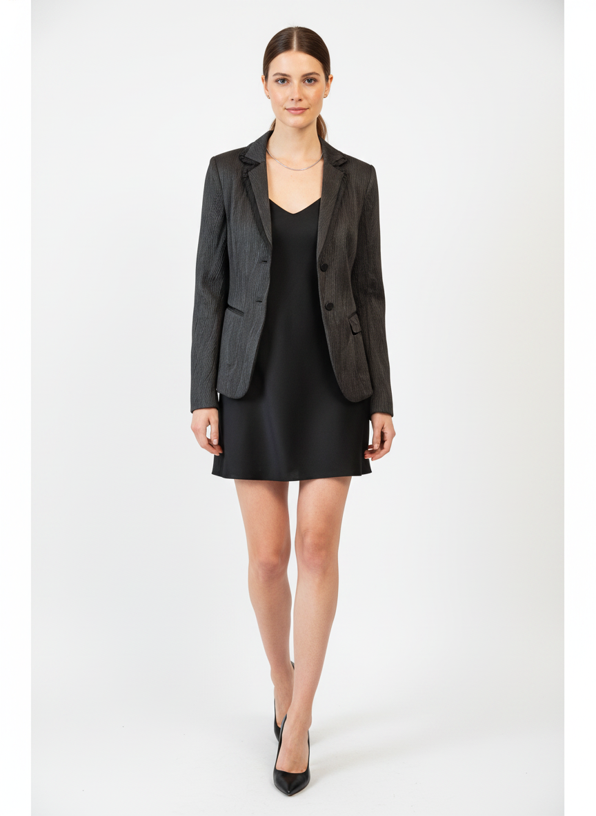 Model i skinnende sort blazer med ribbet struktur – step dress