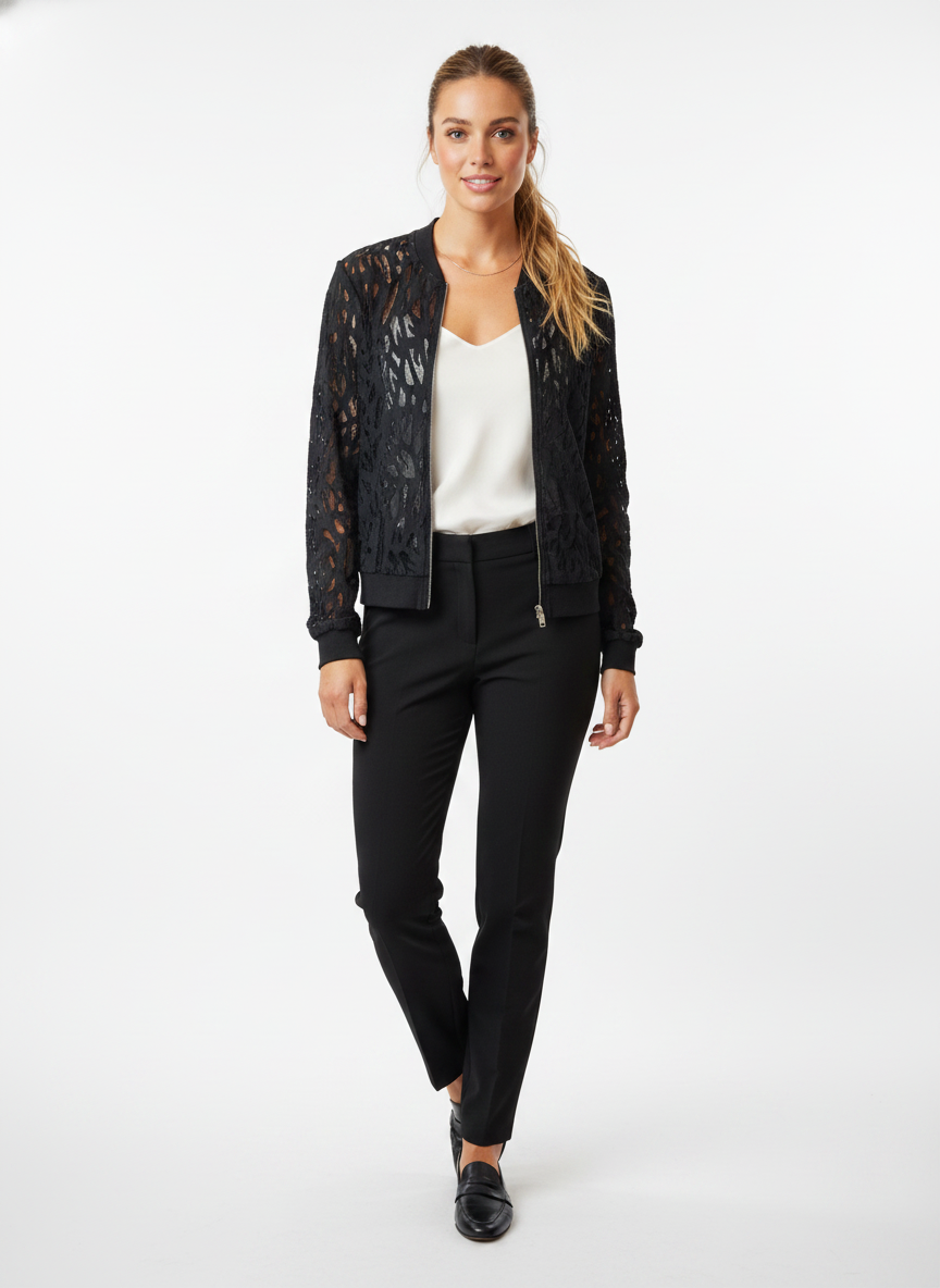 Model i sort bomberjakke med blondemønster – step trousers loafers