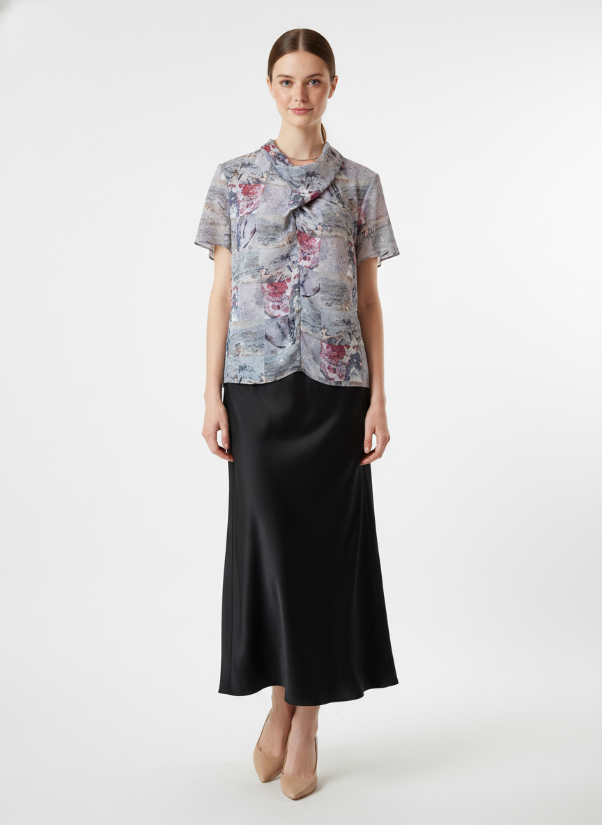 Model i bluse med abstrakt malerprint og drape-detalje – step skirt heels