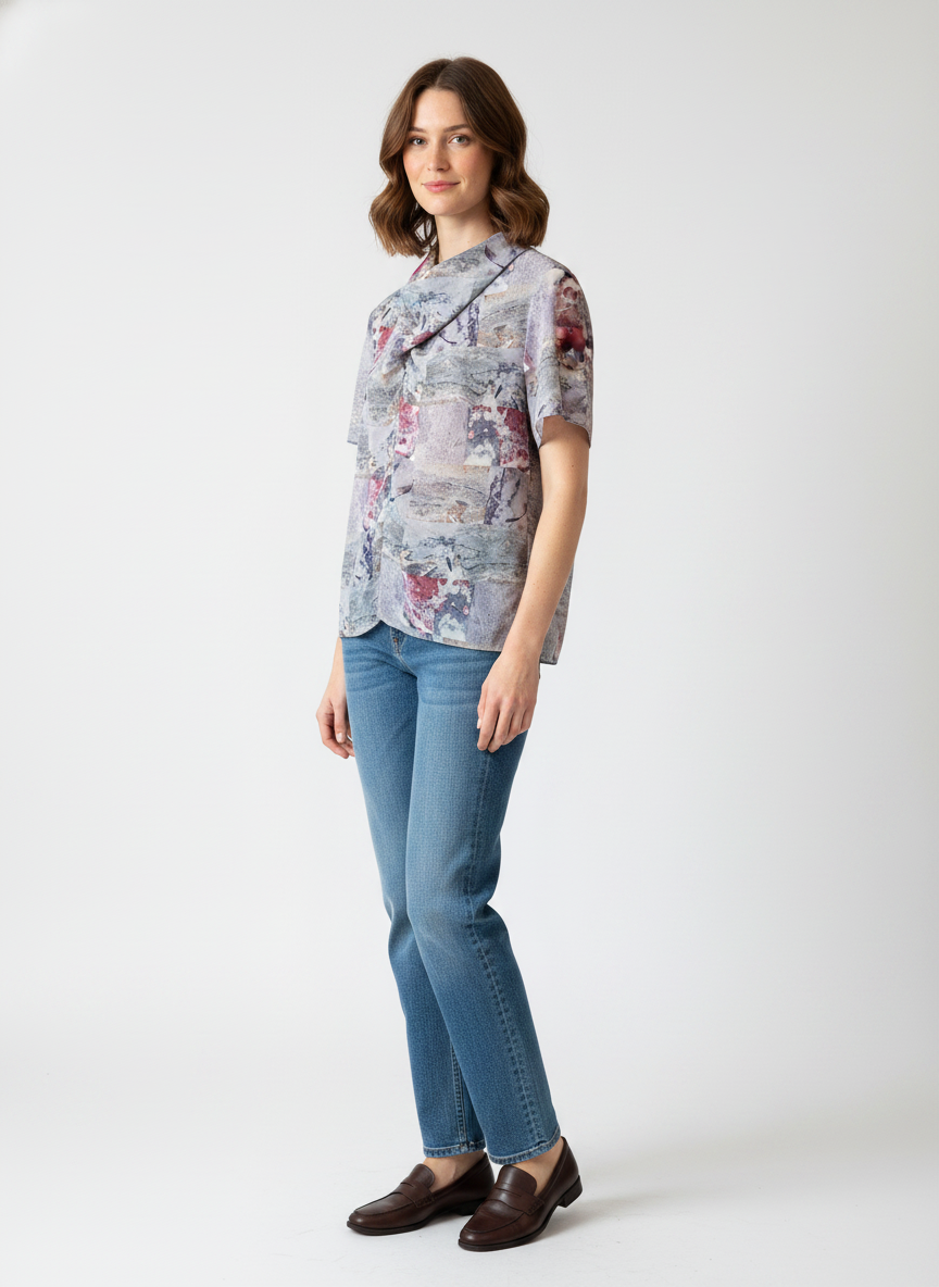 Model i bluse med abstrakt malerprint og drape-detalje – threequarter jeans loafers