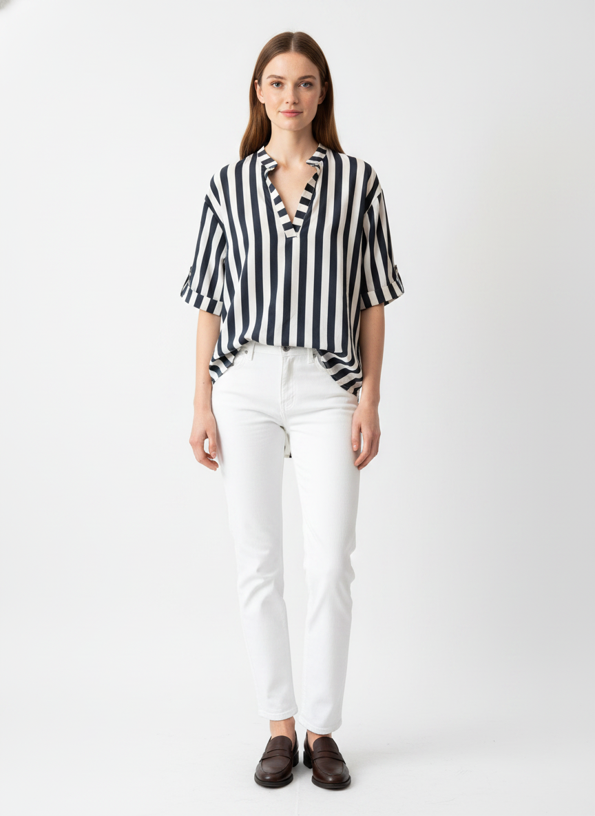 Model i sort-hvid stribet bluse med v-udskæring – front jeans loafers