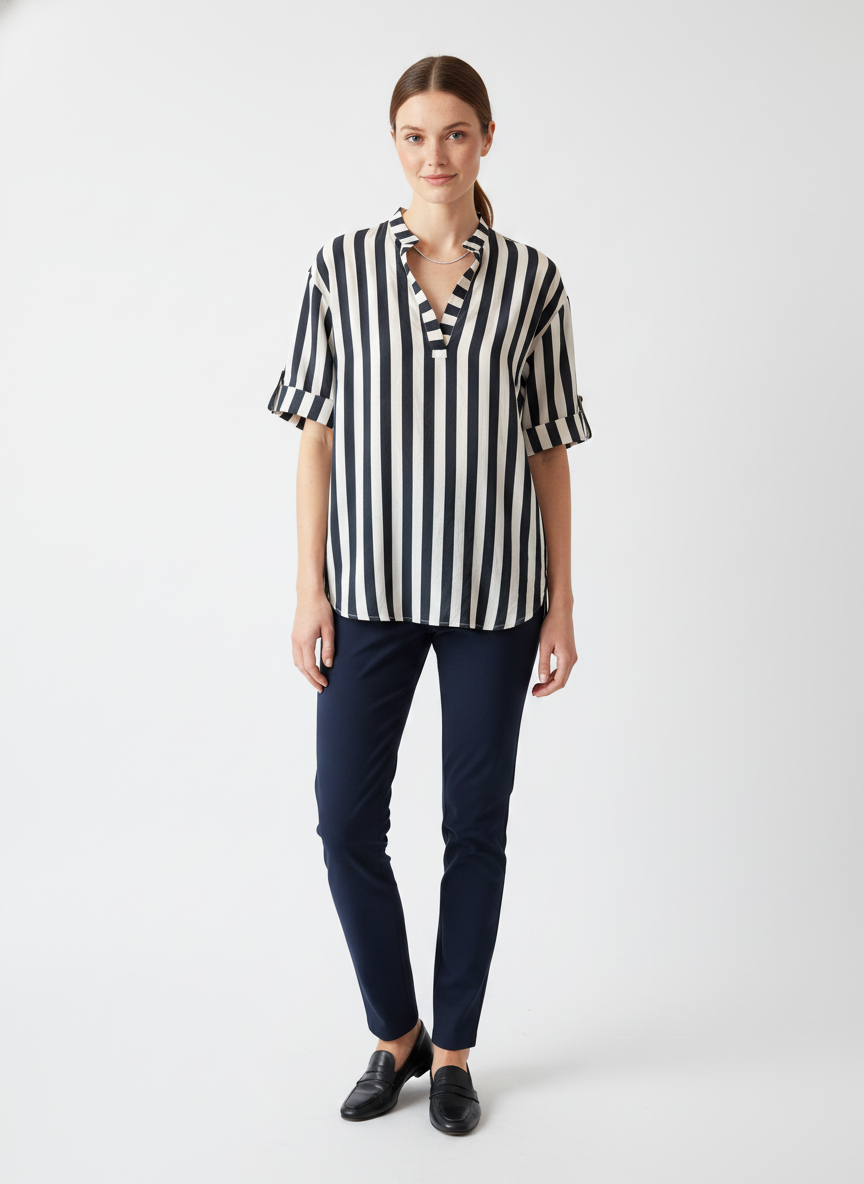Model i sort-hvid stribet bluse med v-udskæring – step trousers
