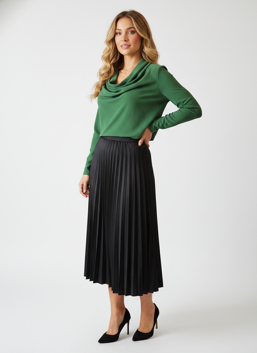 Model i grøn cropped bluse med vandfaldsudskæring – threequarter skirt