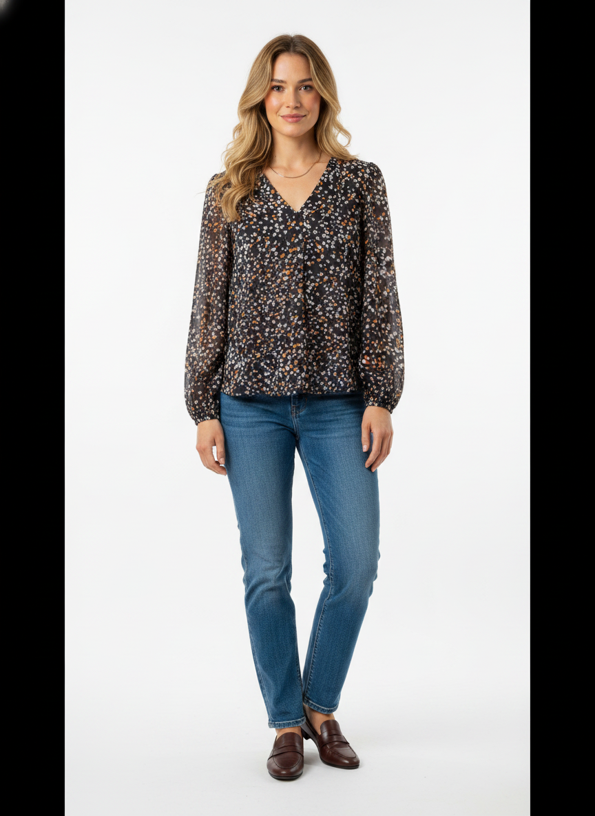 Model i mørk småblomstret bluse med v-udskæring – front jeans loafers