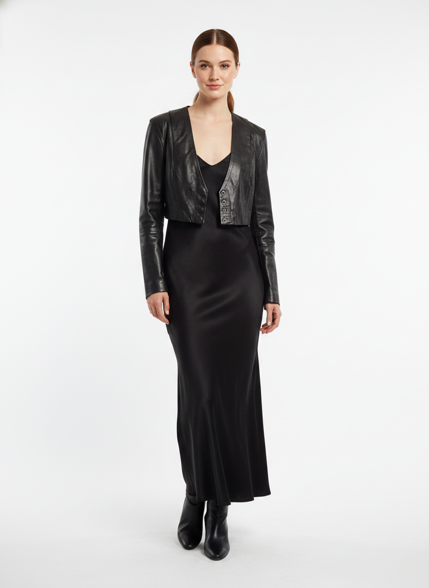 Model i sort cropped bolero-jakke i blødt læder – step long dress
