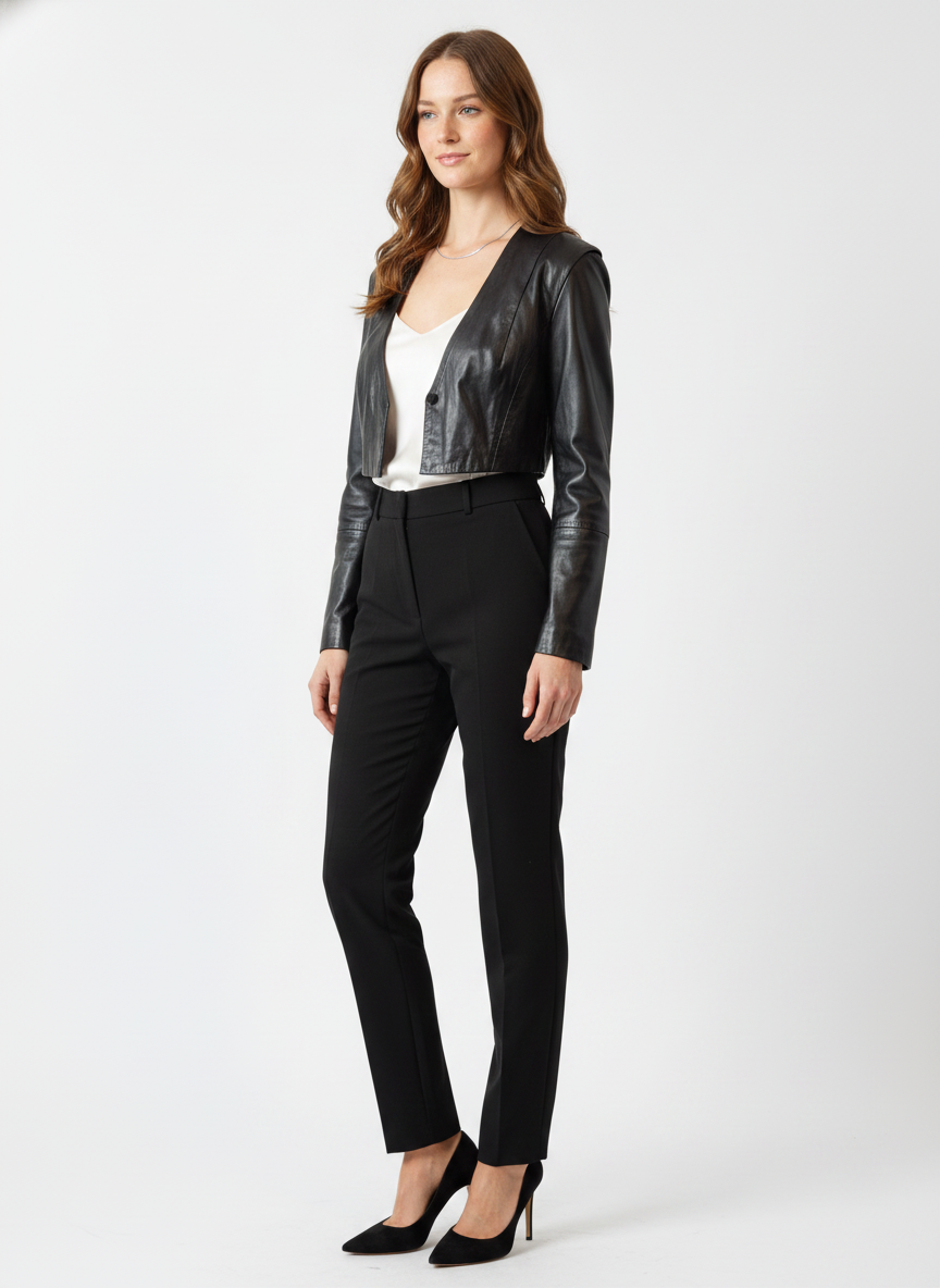 Model i sort cropped bolero-jakke i blødt læder – threequarter tee trousers