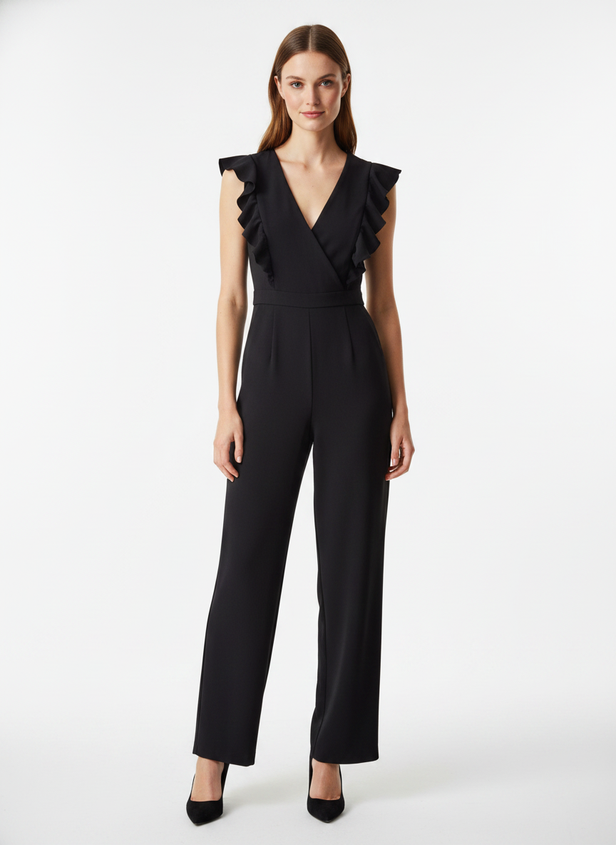 Model i sort lang jumpsuit med flæseærmer – front pumps