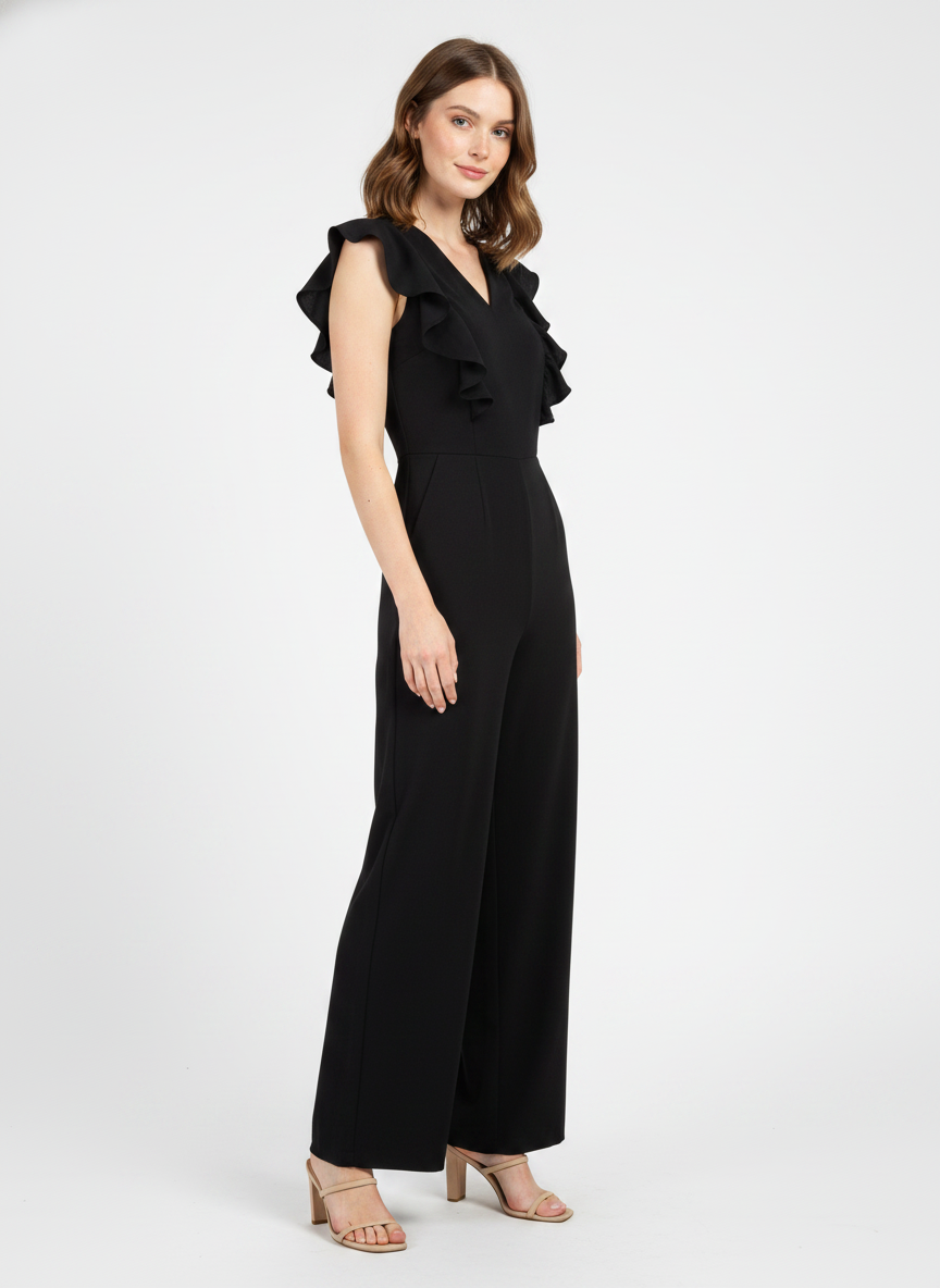 Model i sort lang jumpsuit med flæseærmer – threequarter sandals
