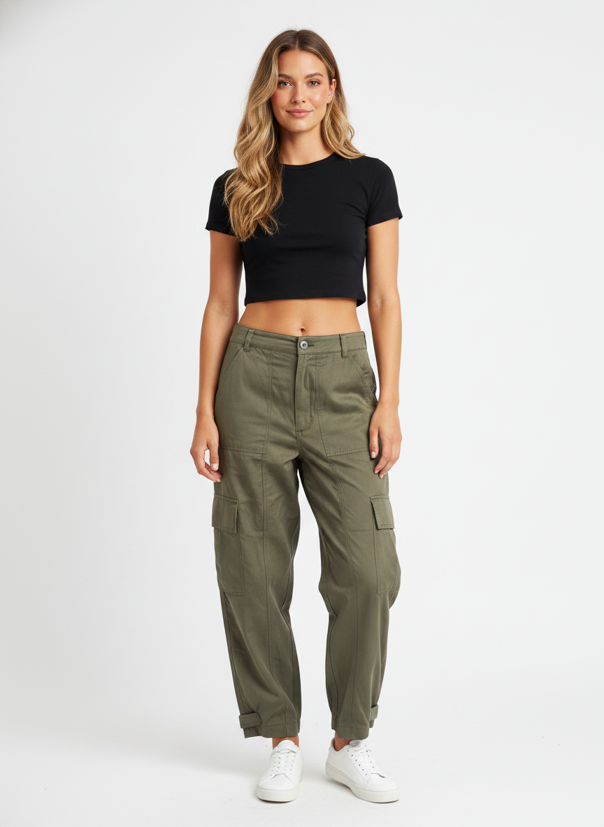 Model i olivengrønne cargo-bukser med flere lommer – front crop sneakers