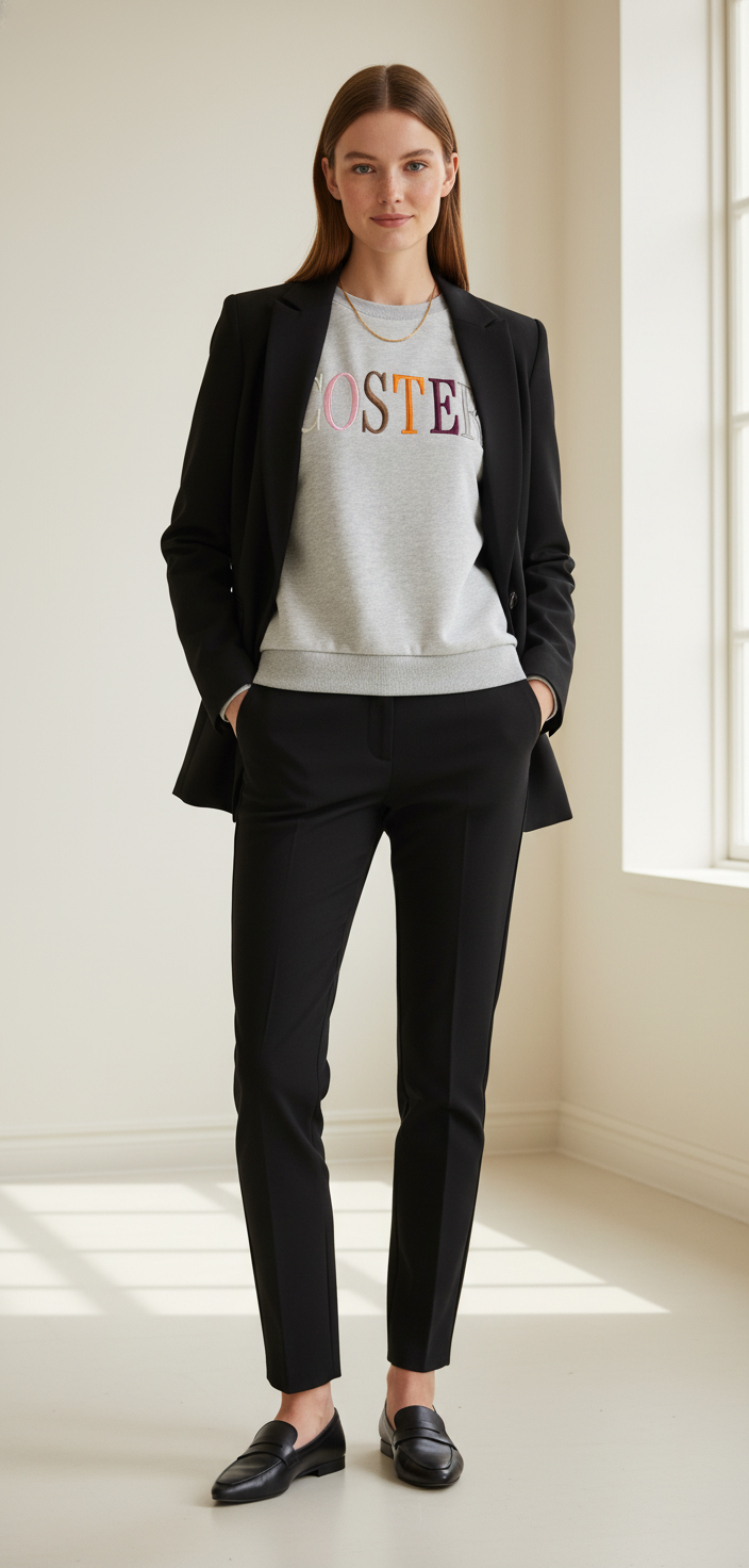 Model i lysegrå sweatshirt med farverigt bogstav-print – styling: blazer chic