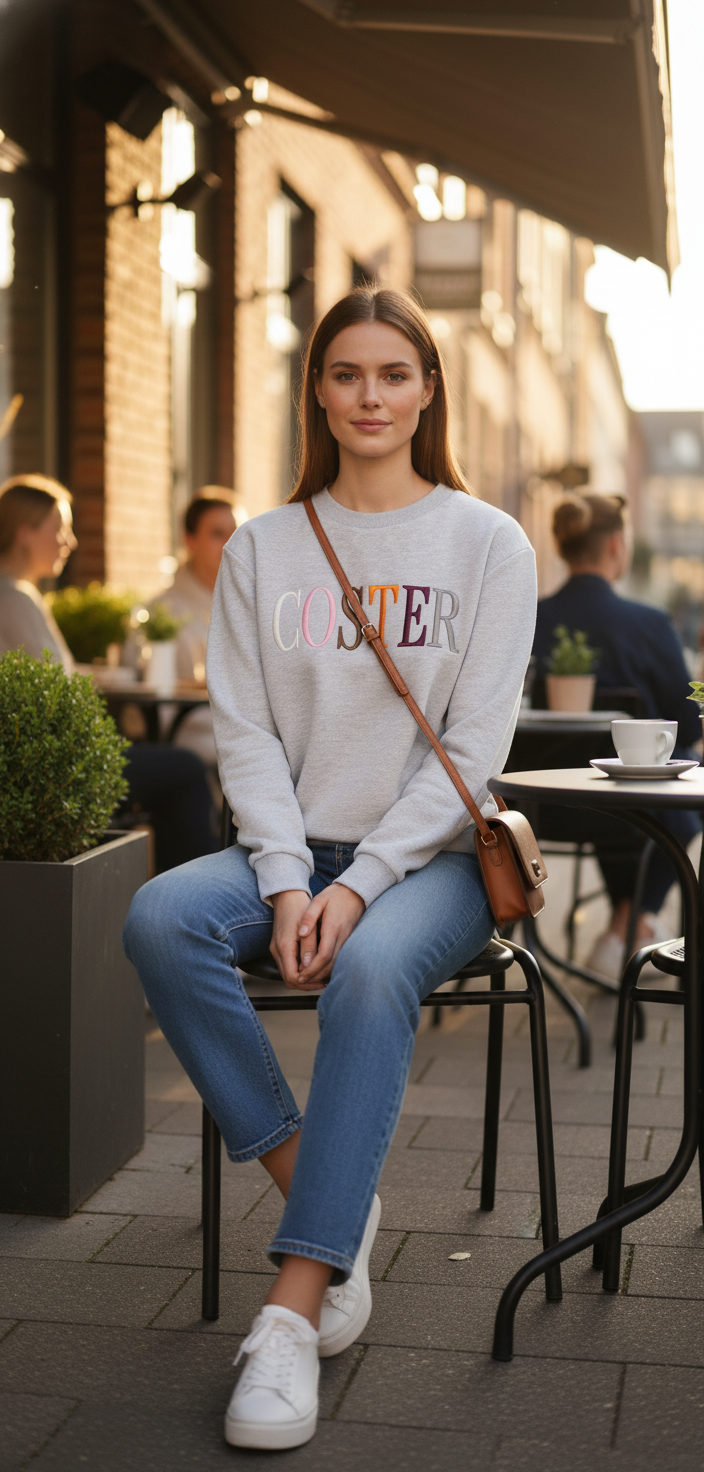 Model i lysegrå sweatshirt med farverigt bogstav-print – styling: jeans sneakers