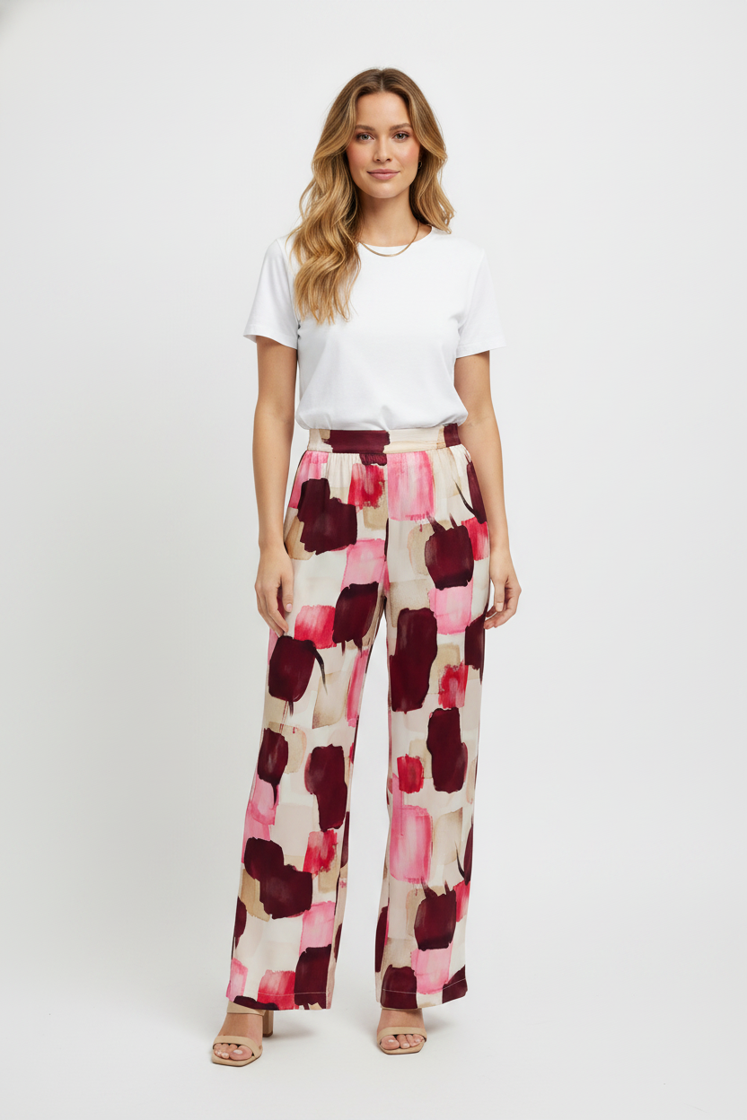 Model i vide bukser med abstrakt brushstroke-print – front sandals