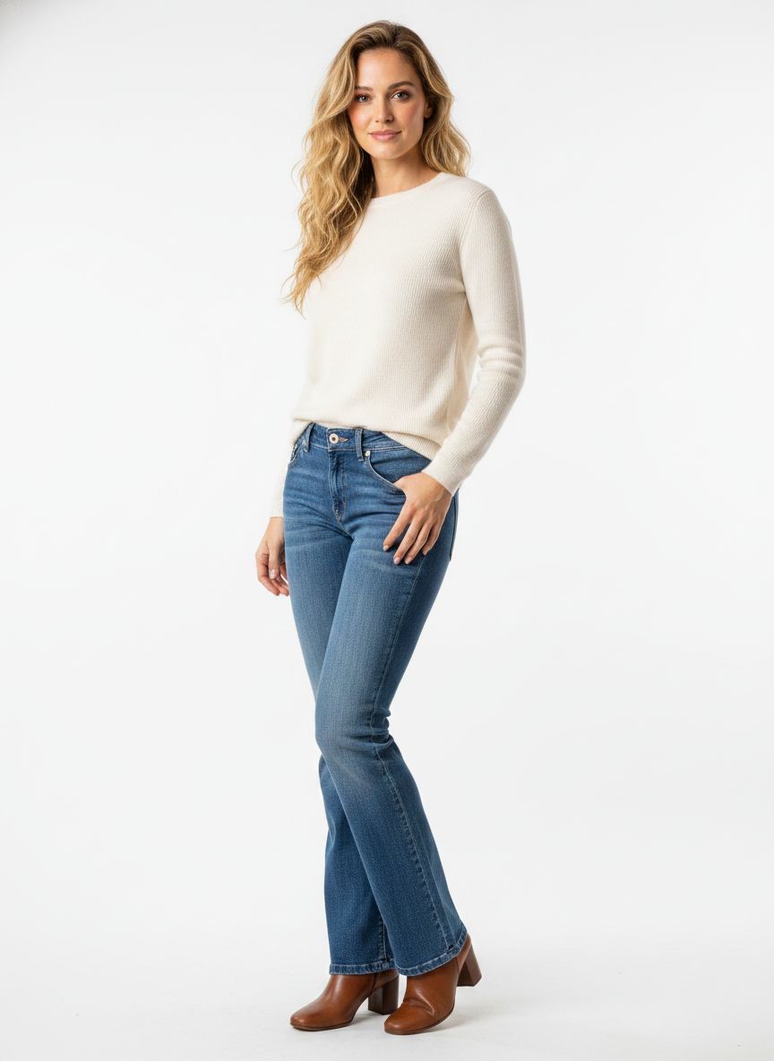 Model i mellemblå washed diesel jeans med let bootcut – threequarter knit boots