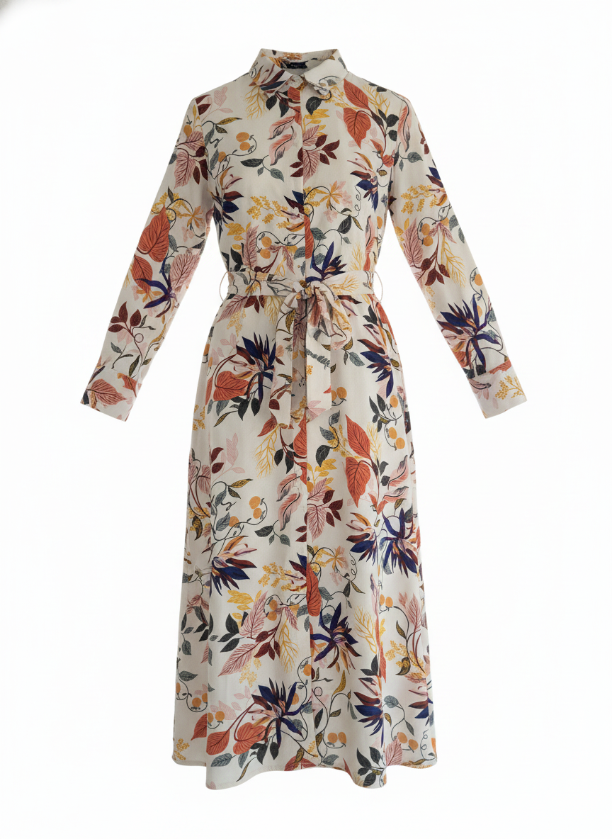 Cremehvid skjortekjole med stort botanisk print - ghost mannequin
