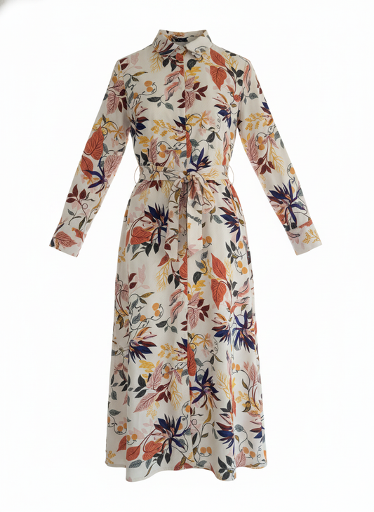 Cremehvid skjortekjole med stort botanisk print - ghost mannequin