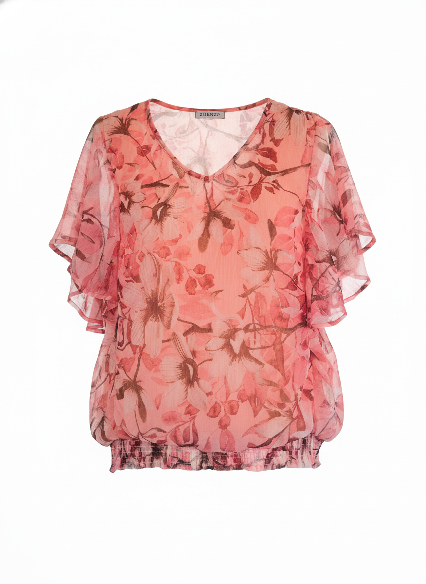 Koralpink chiffon-bluse med blomster-print og flæseærmer - ghost mannequin