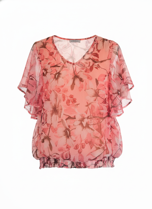 Koralpink chiffon-bluse med blomster-print og flæseærmer - ghost mannequin