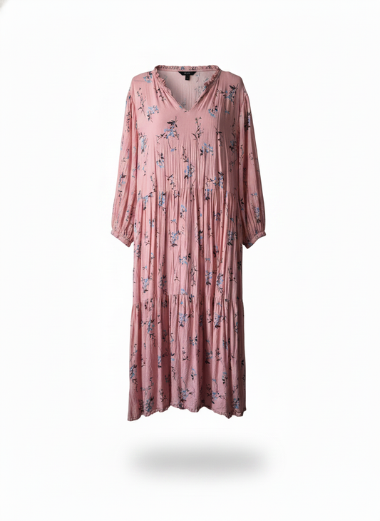 Lang kjole med blomster-print og flæsedetaljer - ghost mannequin