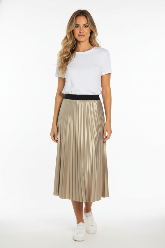 Pleated gold metallic midi skirt — full-body front