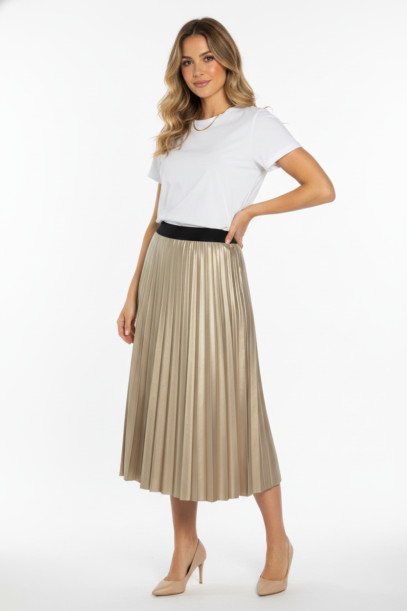Pleated gold metallic midi skirt — three-quarter view