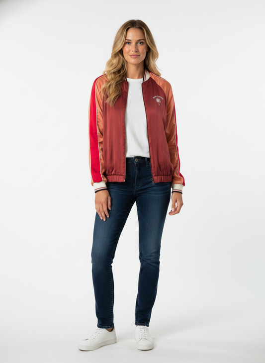 Color-block satin bomber jacket — full-body front