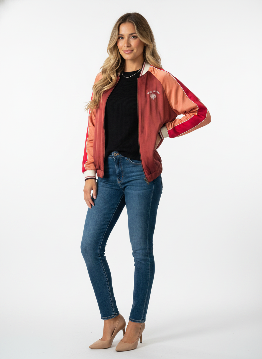 Color-block satin bomber jacket — three-quarter view