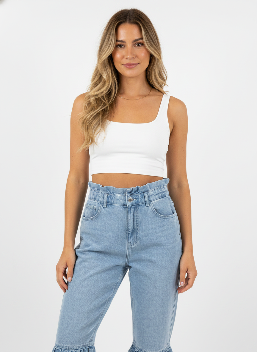 Model in Lyseblå højtaljede paperbag-jeans – tight product crop