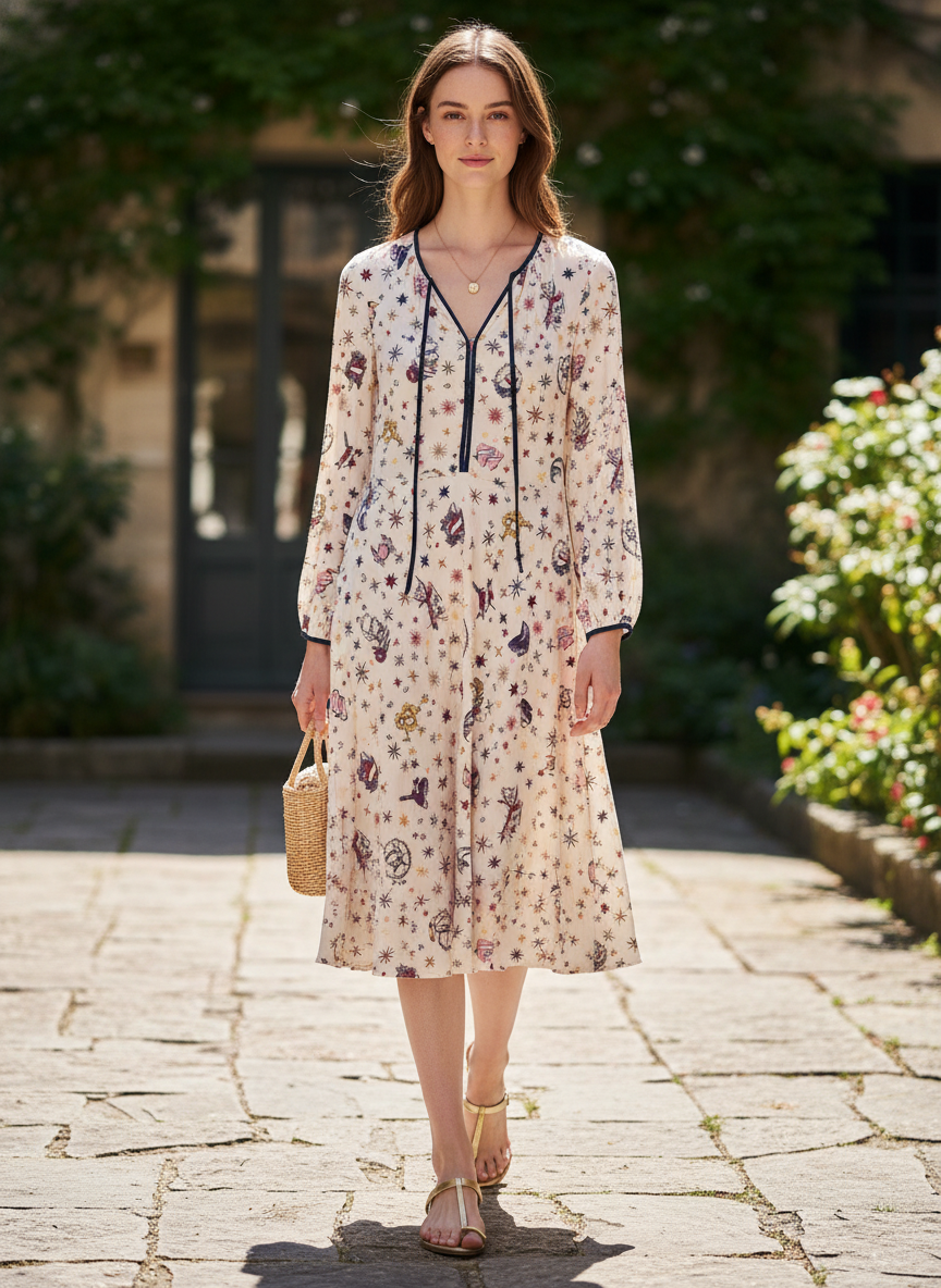 Model i cremehvid kjole med farverigt print og bindebånd – styling: sandals sun