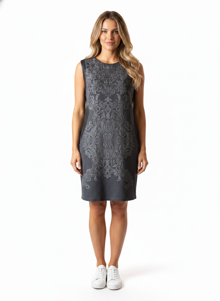 Ærmeløs kjole med blonde-print - full body front view, Model B