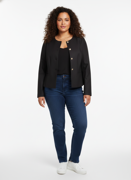 Short black blazer jacket with gold buttons — full-body front