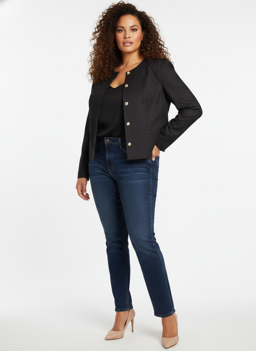 Short black blazer jacket with gold buttons — three-quarter view