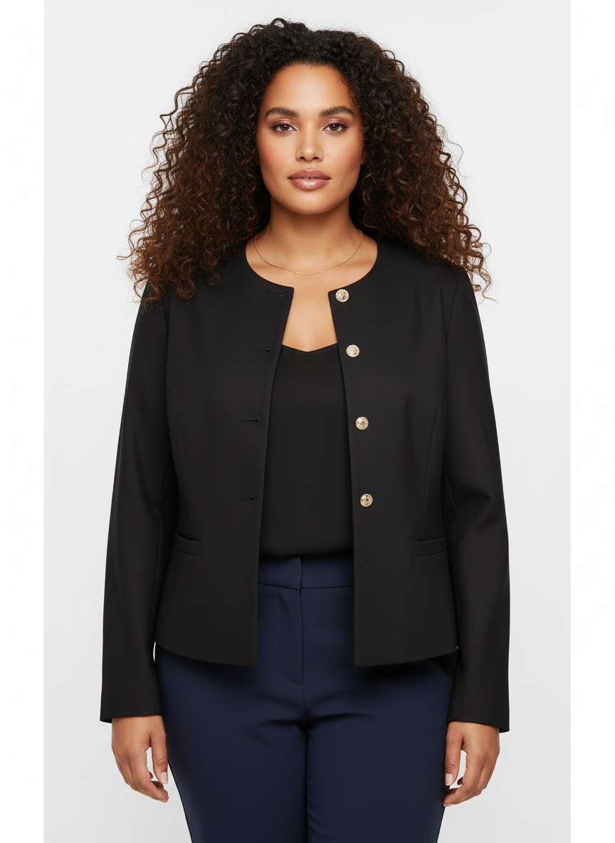Short black blazer jacket with gold buttons — detail crop