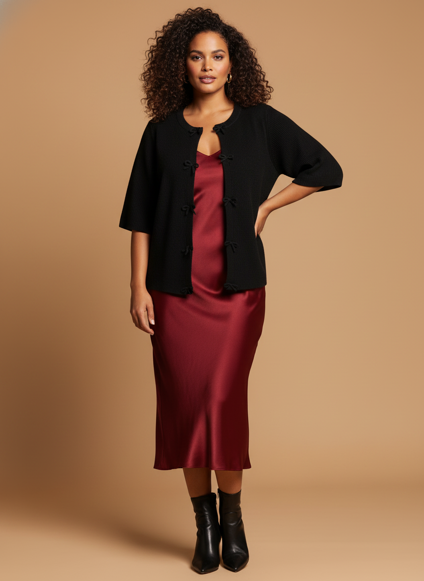 Model i sort strikcardigan med fine sløjfelukninger – styling: dress layer