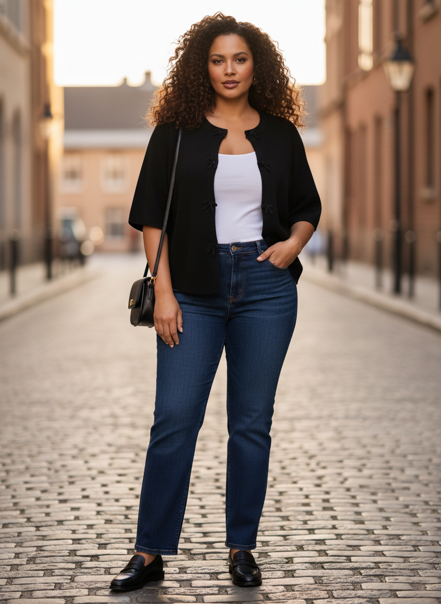 Model i sort strikcardigan med fine sløjfelukninger – styling: jeans chic