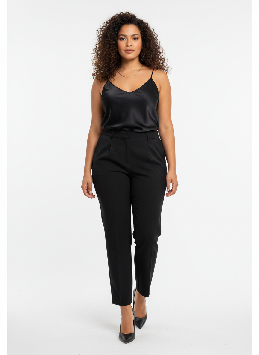 Model i sorte taljerede suit-bukser – step heels