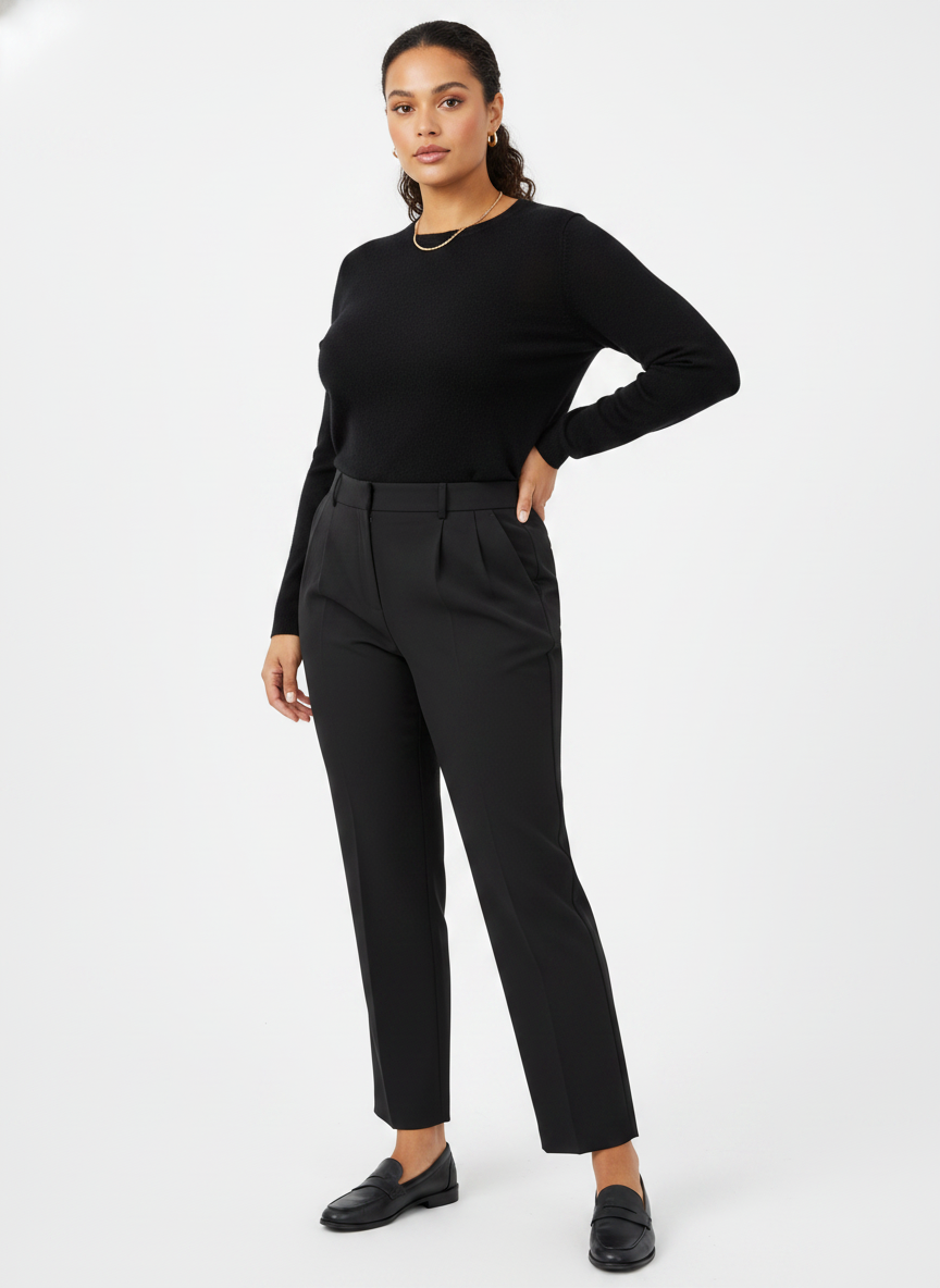 Model i sorte taljerede suit-bukser – threequarter loafers