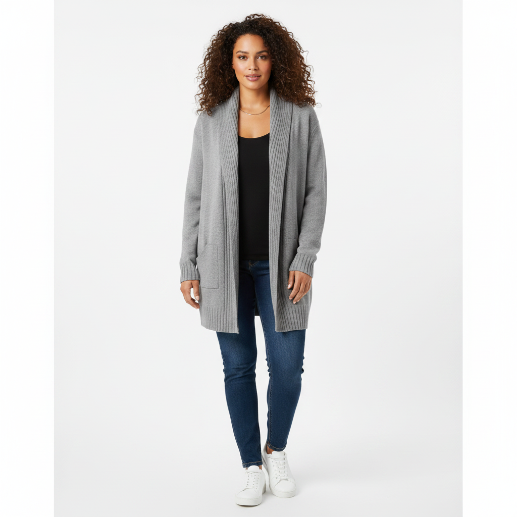 Model in Lysegrå lang cardigan med shawl-krave – full body front