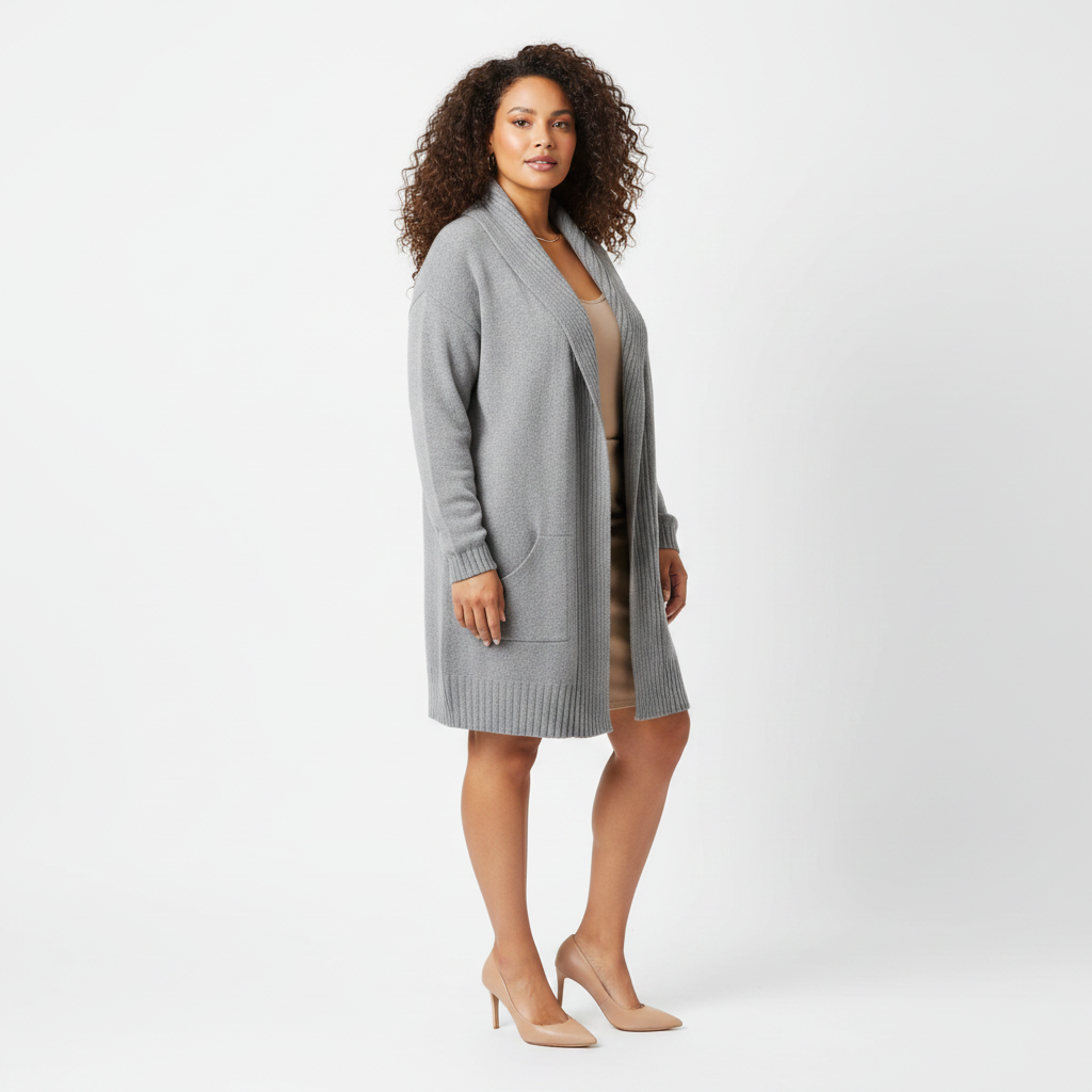 Model in Lysegrå lang cardigan med shawl-krave – three-quarter turn