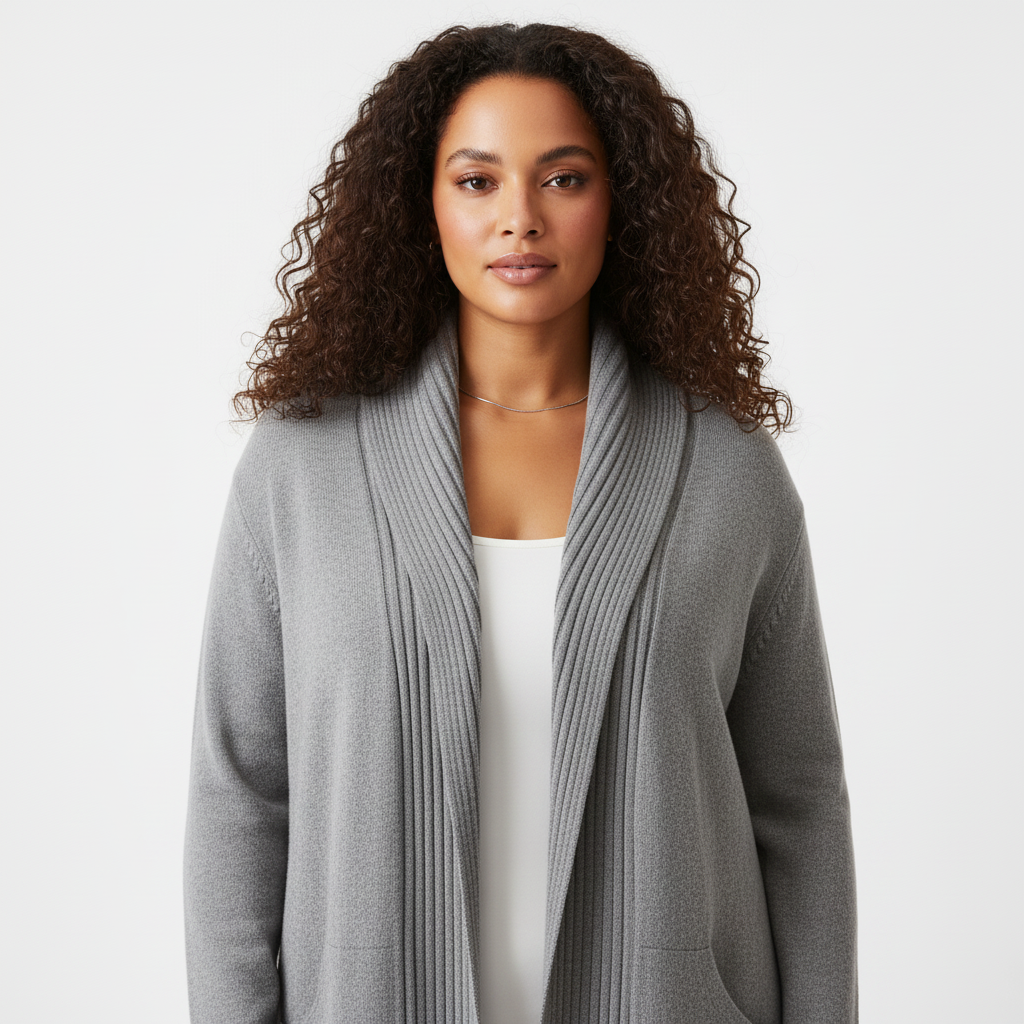 Model in Lysegrå lang cardigan med shawl-krave – detail crop