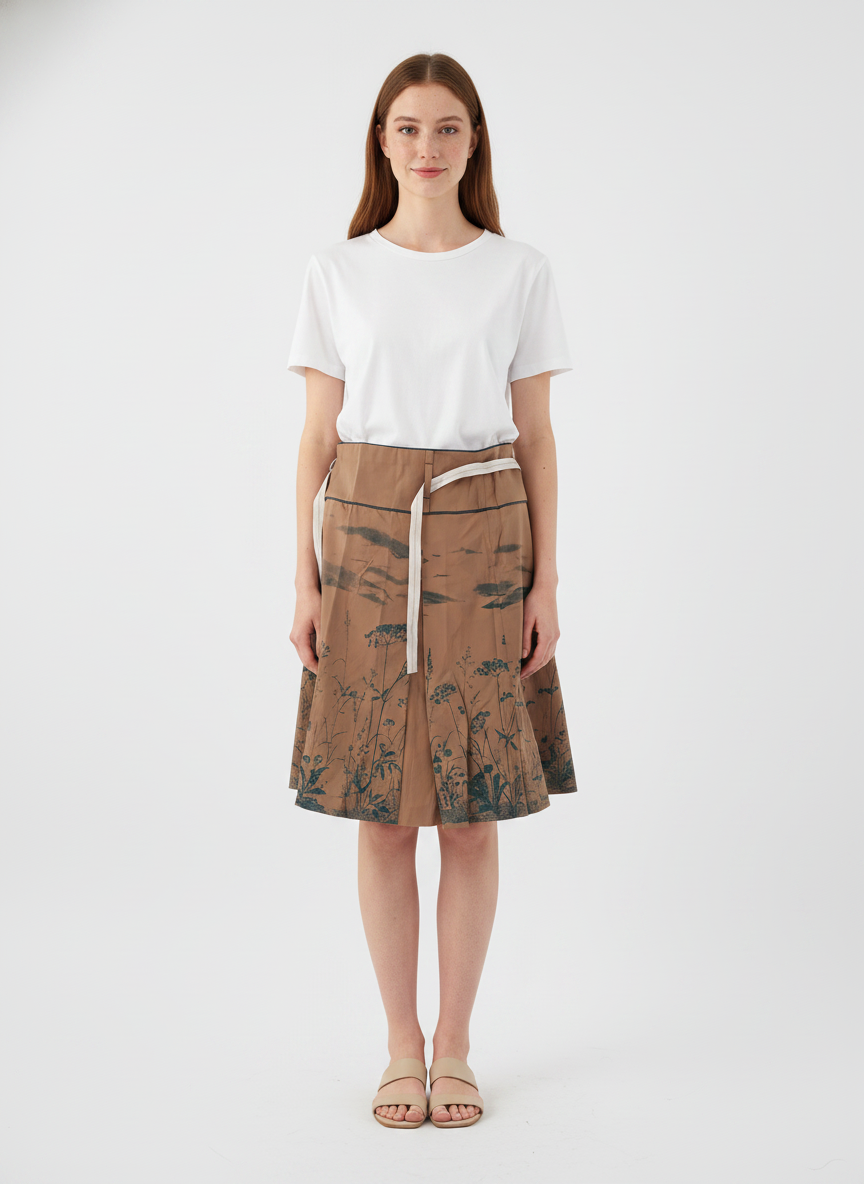Model i brun nederdel med botanisk print og bindebånd – front sandals