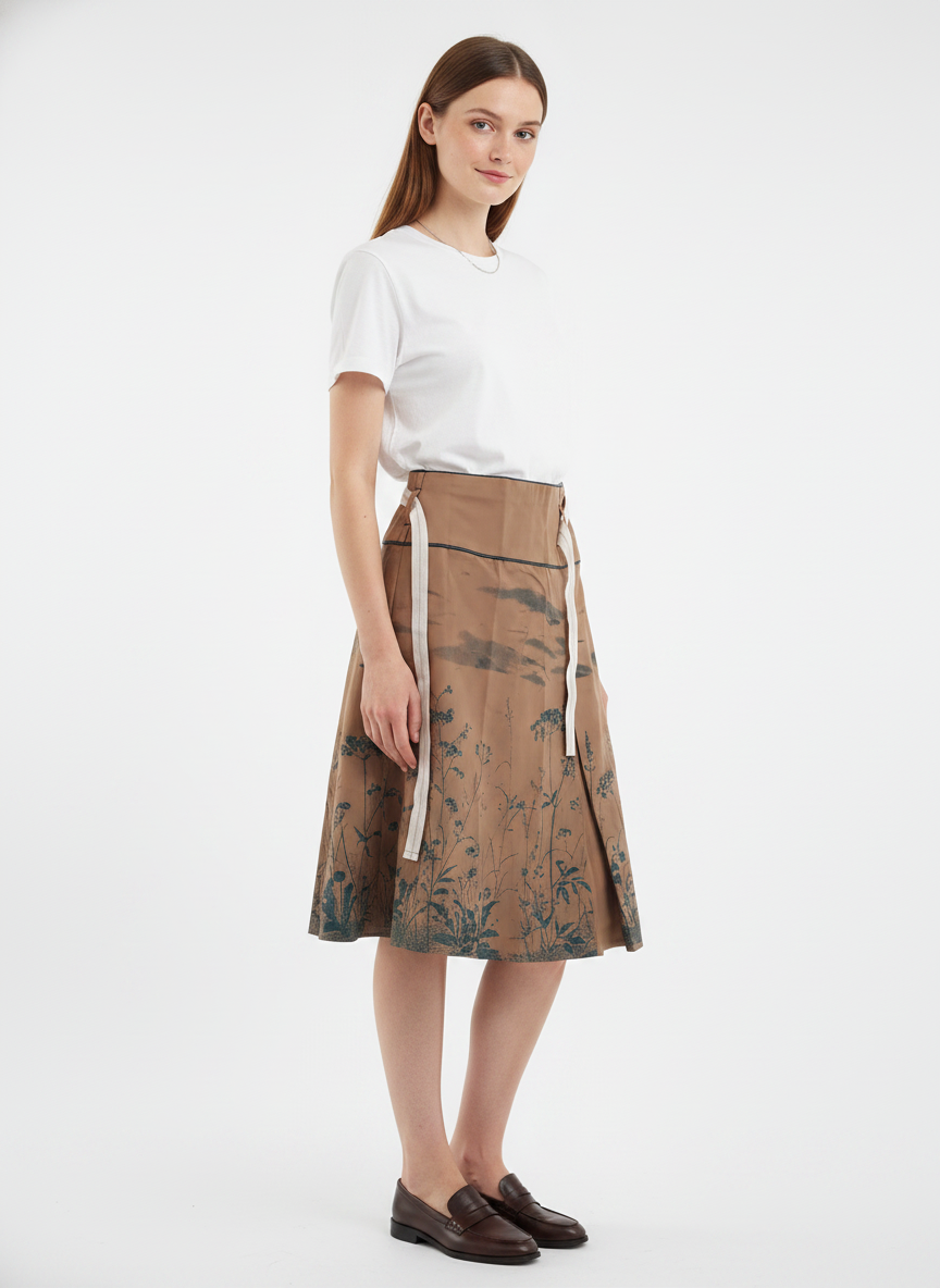 Model i brun nederdel med botanisk print og bindebånd – threequarter loafers