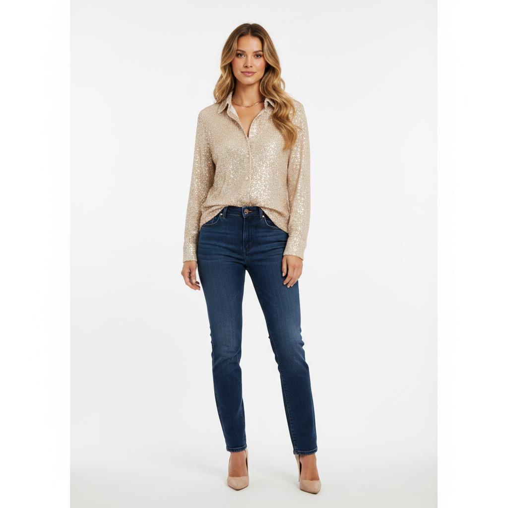 Model i champagne pailletskjorte med klassisk snit – front jeans pumps
