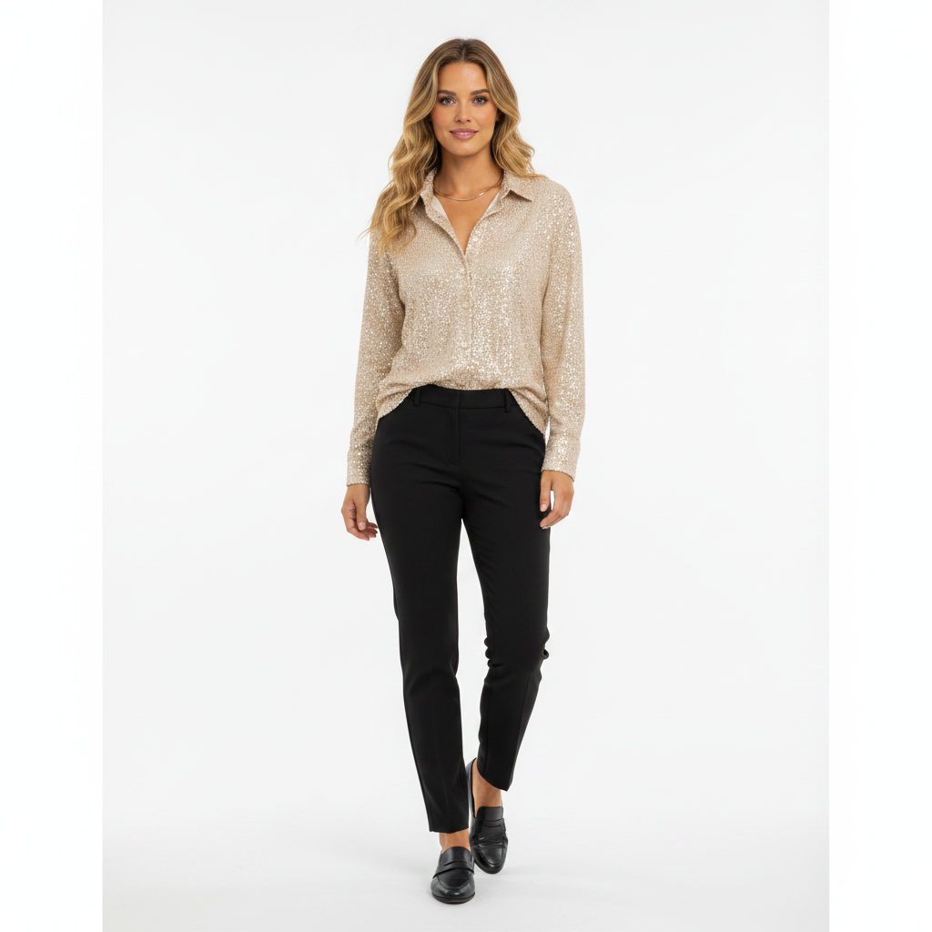 Model i champagne pailletskjorte med klassisk snit – step trousers loafers