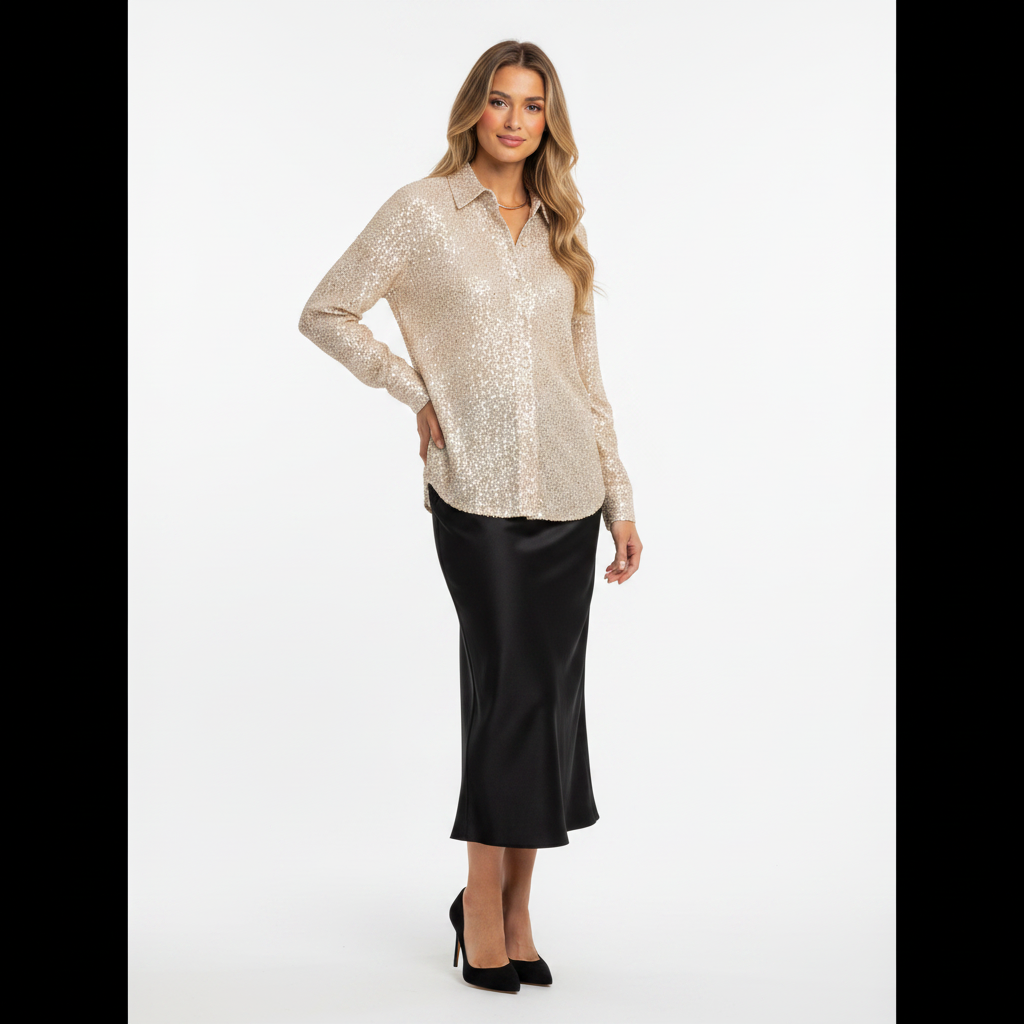 Model i champagne pailletskjorte med klassisk snit – threequarter skirt heels