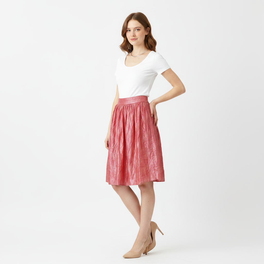 Model in Skinnende pink nederdel med crinkle-struktur – three-quarter turn