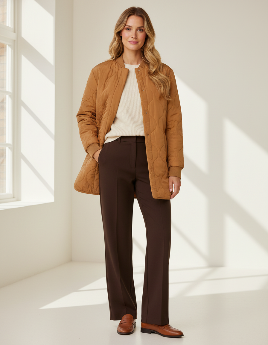 Model i karamelfarvet quiltet jakke med wave-stikning – styling: knit trousers