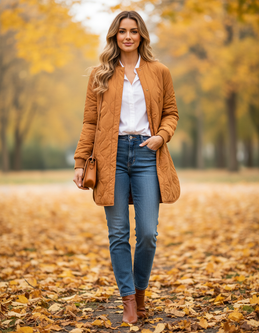 Model i karamelfarvet quiltet jakke med wave-stikning – styling: shirt jeans